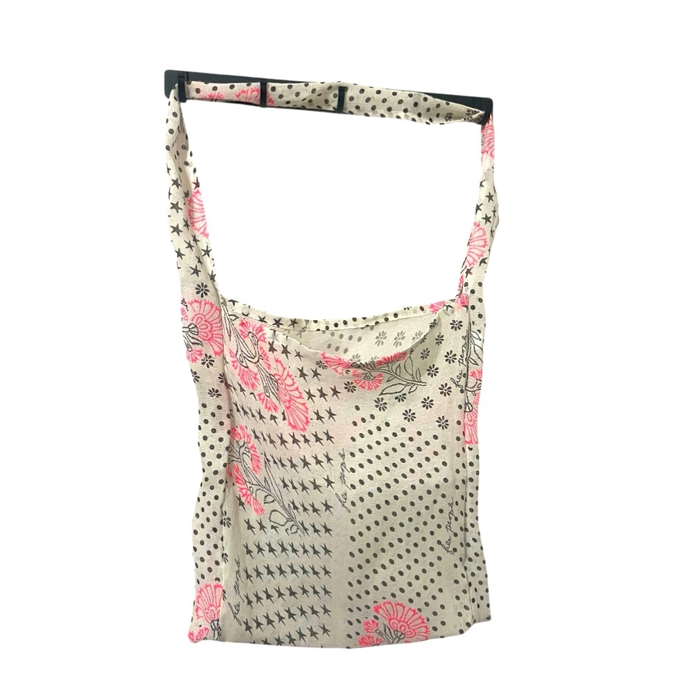 💙NWOT Free People Ivory Pink & Black Floral Mesh Cotton Hobo Style Fabric Tote